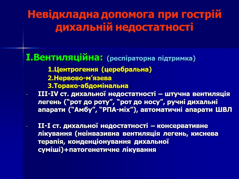 Невідкладна допомога при гострій дихальній недостатності  I.Вентиляційна: (респіраторна підтримка)    